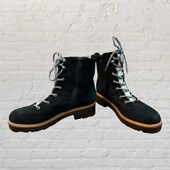 Marc Fisher Izzie Lugsole Ankle Boots Black Suede Shearling Leather Size 7 - Picture 1 of 10